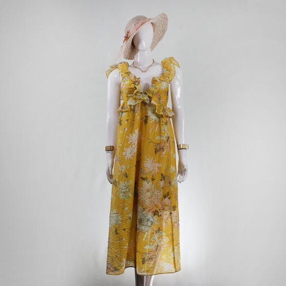 Boho Chic Mustard Floral Dress with Ruffle Detail - Picture 1 of 5